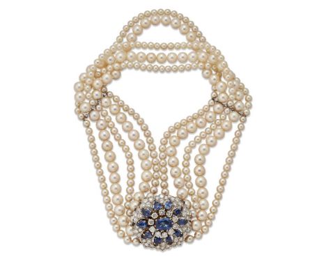A diamond, sapphire and cultured pearl collar, centring on a detachable cluster set with oval- and pear-shaped sapphires, fra