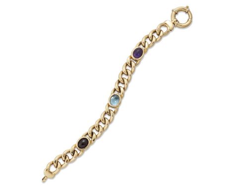 A gold and gem-set bracelet, of curb linking accented with a cabochon garnet, aquamarine and amethyst, British import marks f