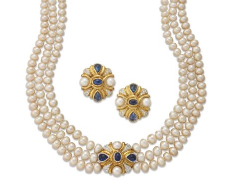 Annabel Jones, a freshwater cultured pearl, sapphire and diamond necklace and pair of ear clips, by Annabel Jones, the neckla
