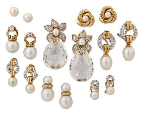 Eight pairs of cultured pearl earrings, including: one pair of 18ct gold, diamond hoop design suspending a single cultured pe