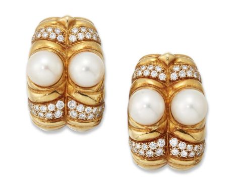 A pair of diamond and cultured pearl ear clips, of ribbed design, each set with a pair of cultured pearls, accented with bril