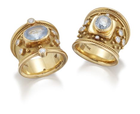 Elizabeth Gage, two 'Templar' diamond and aquamarine rings, by Elizabeth Gage, signed EG GAGE, British hallmarks for 18-carat