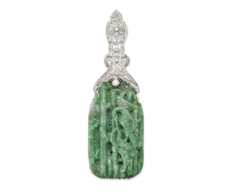 A jadeite jade and diamond pendant, the jade panel carved to depict two birds against a background of bamboos, to a brilliant