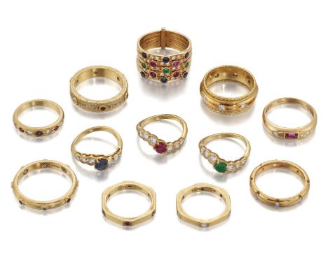 A collection of twelve gem-set and diamond rings, comprising; a diamond set band ring; three diamond rings each set with a em