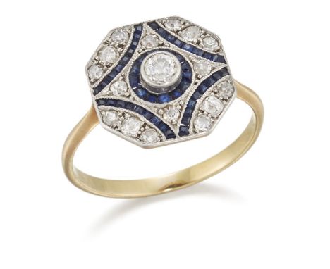A Belle Epoque diamond and sapphire cluster ring, the pave-set diamond, square-shaped bezel with calibre sapphire geometric d