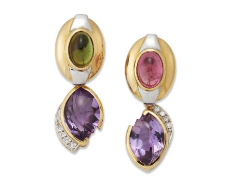 A pair of gem and diamond 'night and day' earrings, each designed as a cabochon pink or green tourmaline set oval panel suspe