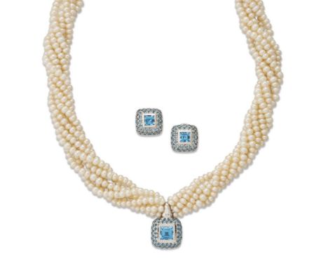 A freshwater cultured pearl, blue topaz and diamond necklace and pair of ear clips, the necklace composed as a torsade of six