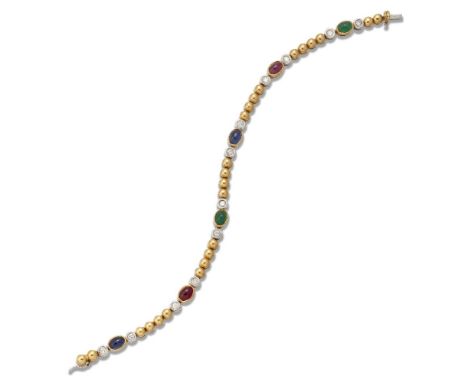 An Italian gem and bead bracelet, of bead-link design, with collet-set cabochon emerald, ruby, and sapphire intervals, each w