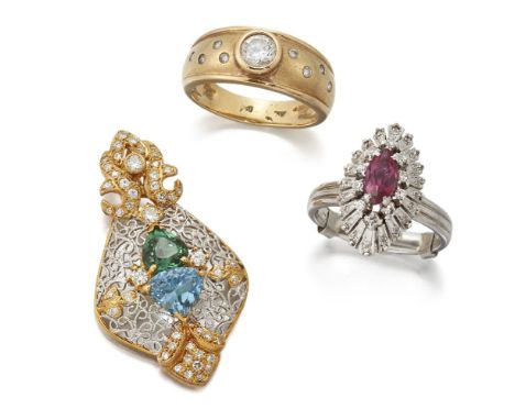 A group of jewellery, comprising, a brilliant-cut diamond single stone ring; a navette-cut ruby and diamond cluster ring; and