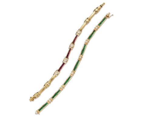 A ruby and diamond bracelet and an emerald and diamond bracelet, the first composed of calibre emerald articulated links with