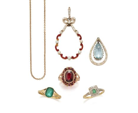 A group of jewellery comprising: an Edwardian, aquamarine and enamel pendant with enamel garland frame the central section de