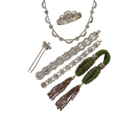 A group of 19th century cut steel jewellery and a miser's purse, comprising: a necklace composed of a line of crescent-shaped