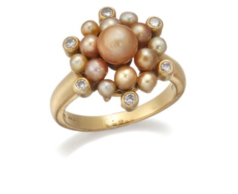 Asprey & Co, a diamond and seed pearl cluster ring, by Asprey the vari-coloured pearl cluster with brilliant-cut diamond coll