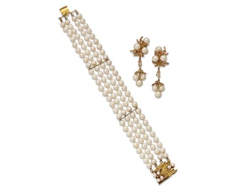 A pair of cultured pearl earrings and bracelet, the bracelet composed of four rows of cultured pearls to a textured clasp, th
