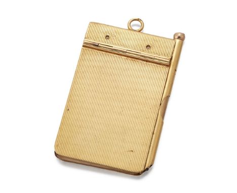 An 18ct gold, mounted cased Carnet De Bal, of engine-turned design, with integral pencil, the hinged cover with inscription d