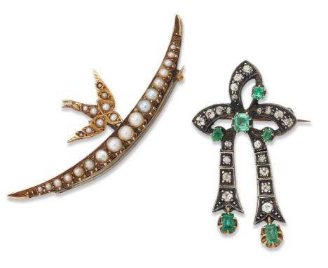 Two gem-set brooches,, one designed as a ribbon bow set with circular-cut diamonds and step-cut emeralds, the other as a half