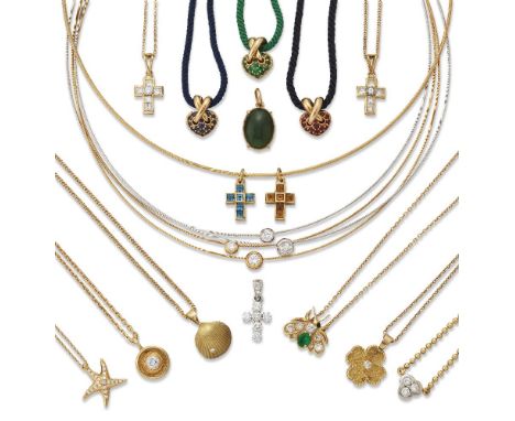 A group of diamond and gem-set pendants and neckchains, comprising: Three diamond set cross pendants each to a neckchain; Two