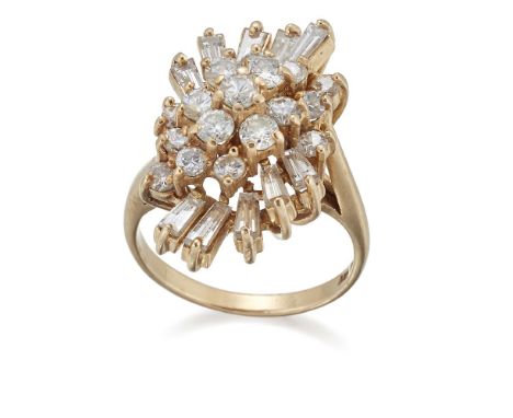 A diamond ring, of cluster design set with brilliant-cut and baguette diamonds, ring size KGood condition, stamped 585 for 14