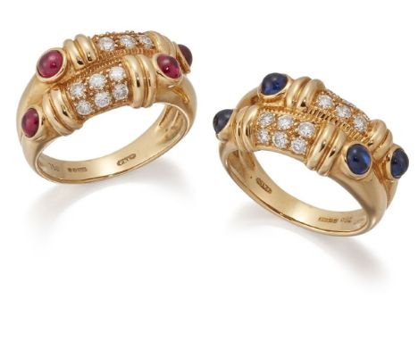 A pair of diamond and gem-set rings, each accented with brilliant-cut diamond, ring sizes K, and K 1/2 (2).11.9 g.