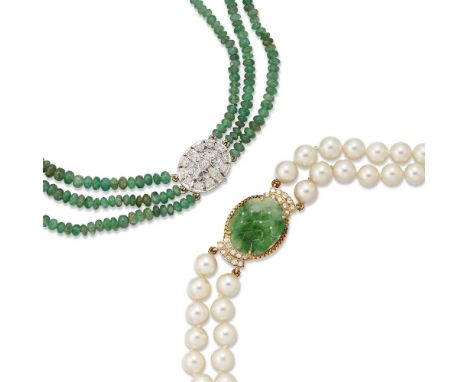 A cultured pearl necklace with diamond and jadeite jade clasp and an emerald triple-row necklace with diamond clasp, the firs