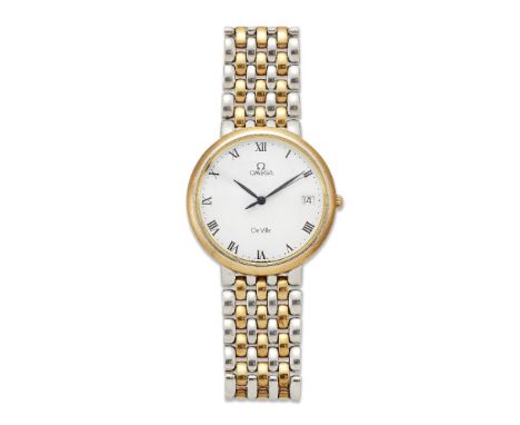 Omega, a two colour quartz 'DeVille' wristwatch by Omega, the white circular dial with Roman numerals and sweep seconds signe