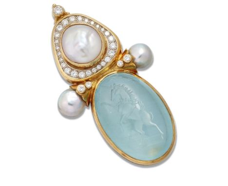 Elizabeth Gage, an aquamarine, cultured pearl and diamond brooch, by Elizabeth Gage, centring on an oval aquamarine intaglio 