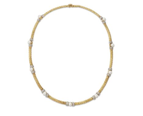 A diamond and cultured pearl necklace, composed of textured baton links interspersed with cultured pearl and brilliant-cut di