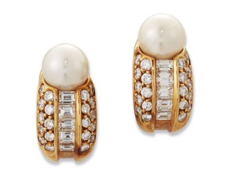 Cartier, a pair of diamond and cultured pearl ear clips,by Cartier, each set with brilliant-cut and baguette diamond to a cul