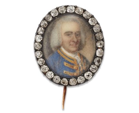 A late 18th century gold and silver mounted, diamond portrait miniature brooch, painted on ivory depicting a gentleman quarte