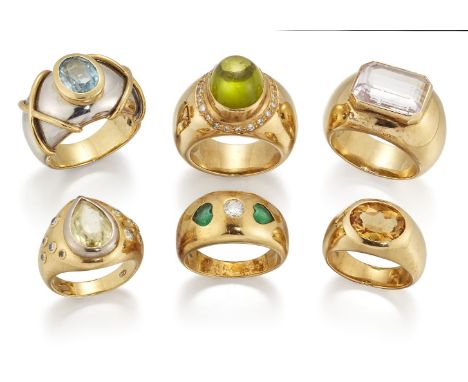 Six various gem-set and bombe rings, gems include emerald, aquamarine, peridot, and citrine