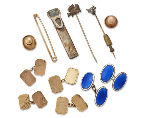 A group of jewellery: comprising: a rose-cut diamond set Bulls head stick pin; two pairs of 9-carat gold cufflinks; a 9-carat