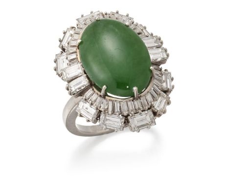 A jade and diamond cluster ring, the oval cabochon jadeite jade claw-set with baguette diamond stepped surround, approximate 