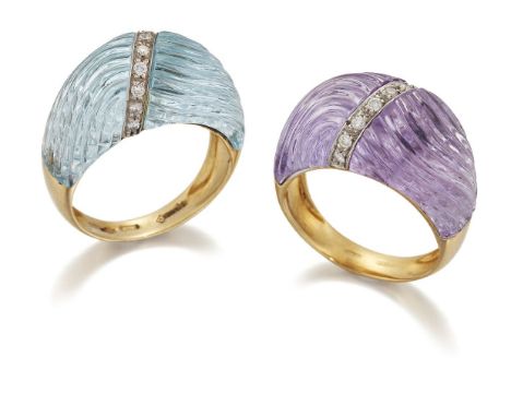 Two 18ct gold, carved gem and diamond saddle design cocktail rings, each with carved aquamarine or amethyst with a diamond-se