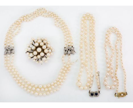 Three cultured pearl necklaces and a brooch, necklaces comprise: a graduated triple-row collar with single-cut diamond cluste