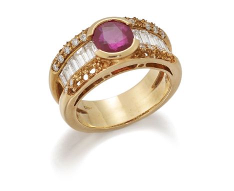 A ruby and diamond ring, set to the centre with a cushion-shaped ruby, the shoulders accented with graduated baguette and bri