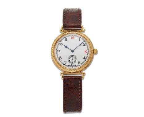 Kiki McDonough, an 18ct gold quartz wristwatch, retailed by Kiki McDonough, the white dial with Roman black numerals red 13 t