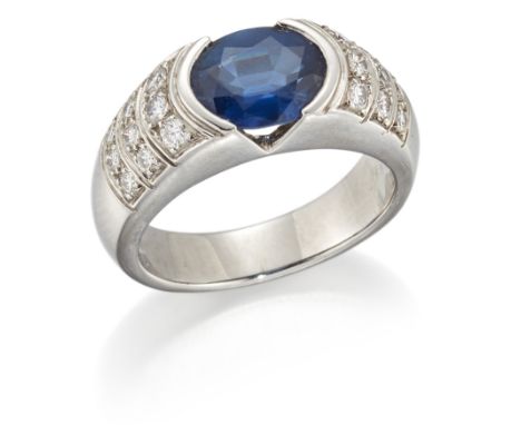 Chaumet, a sapphire and diamond ring, by Chaumet, The single twin claw-set sapphire, to diamond triple-row shoulders, signed 