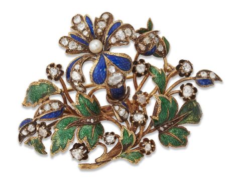 An enamel and diamond brooch, late C19th Turkish, designed as a floral spray set with rose-cut diamonds. with green and blue 