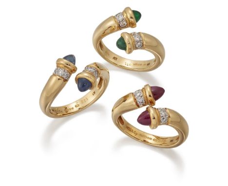 Garrard &amp; Co, three gem-set and diamond rings, each of open work crossover design set with emerald, ruby and sapphire ter