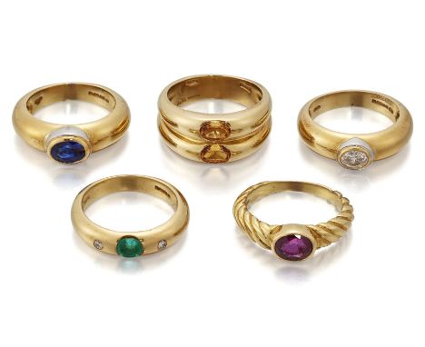 Five gem-set rings, comprising: a sapphire ring and a diamond ring by Garrard &amp; Co, British hallmarks for 18-carat gold, 