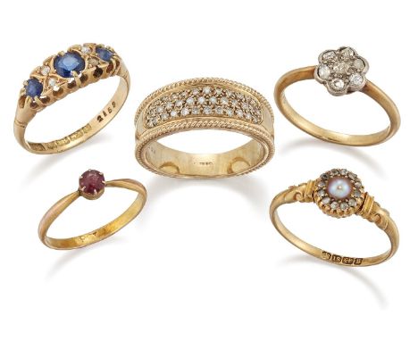 A group of five gem rings, comprising: an old-brilliant-cut diamond seven stone circular cluster ring; a 9ct gold, pave diamo