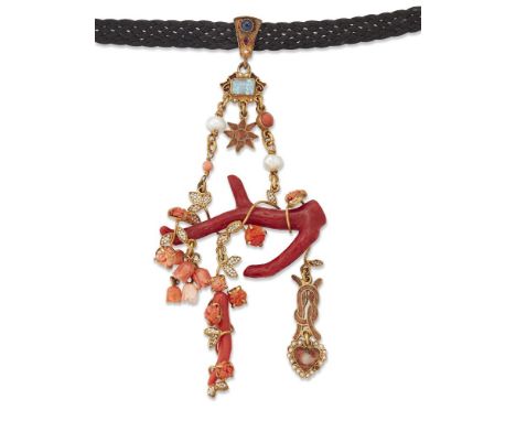 A coral, pearl and blue topaz pendant necklace, by Percossi Papi, the leather collar suspending a collet-set blue topaz with 