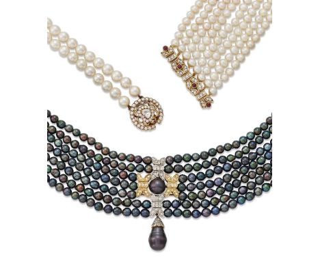 Three diamond and gem-set cultured pearl necklaces, Comprising: a collar composed of seven uniform rows of black cultured pea