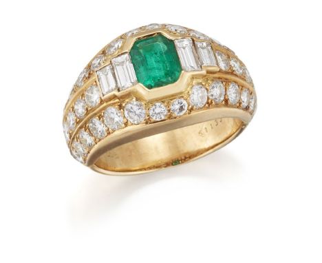 Cartier, an 18ct gold, emerald and diamond ring, by Cartier, with central rectangular-cut emerald, to a mount set with brilli