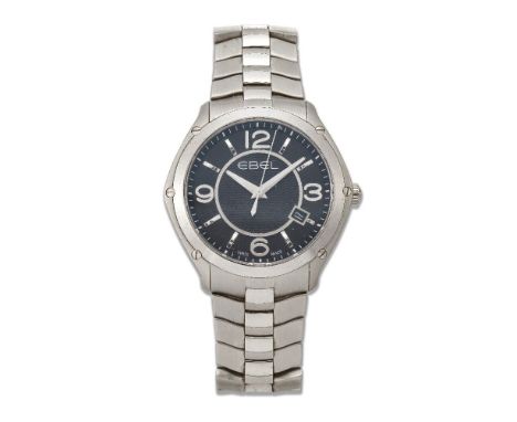 Ebel, A stainless steel 'Ebel Sport' quartz wristwatch by Ebel, the black dial with baton markers and Arabic numerals, date a