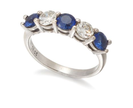 A sapphire and diamond five stone diamond ring, of half-hoop design, set alternately with three circular-cut sapphires and tw