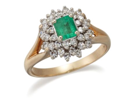 An emerald and diamond cluster ring, the central claw-set rectangular-cut emerald with single-cut diamond stepped cluster sur