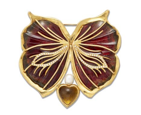 Elizabeth Gage, an 18ct gold, tourmaline and diamond brooch, by Elizabeth Gage, designed as a stylised butterfly with bi-colo