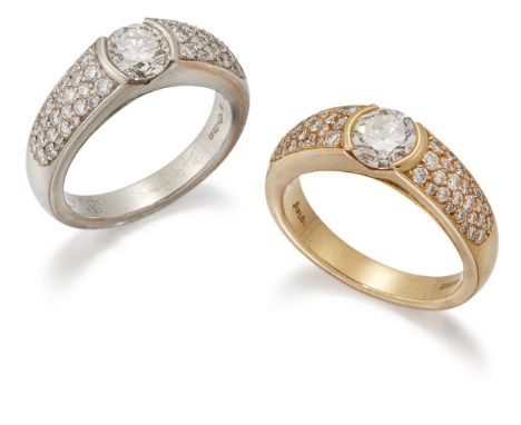 Asprey, two diamond rings, by Asprey, each centring on a brilliant-cut diamond, the shoulders pave-set with brilliant-cut dia