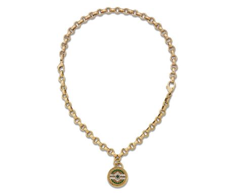 Deakin &amp; Francis, a pair of 18ct gold bracelets of curb link design, one bracelet suspending a diamond and green enamel p